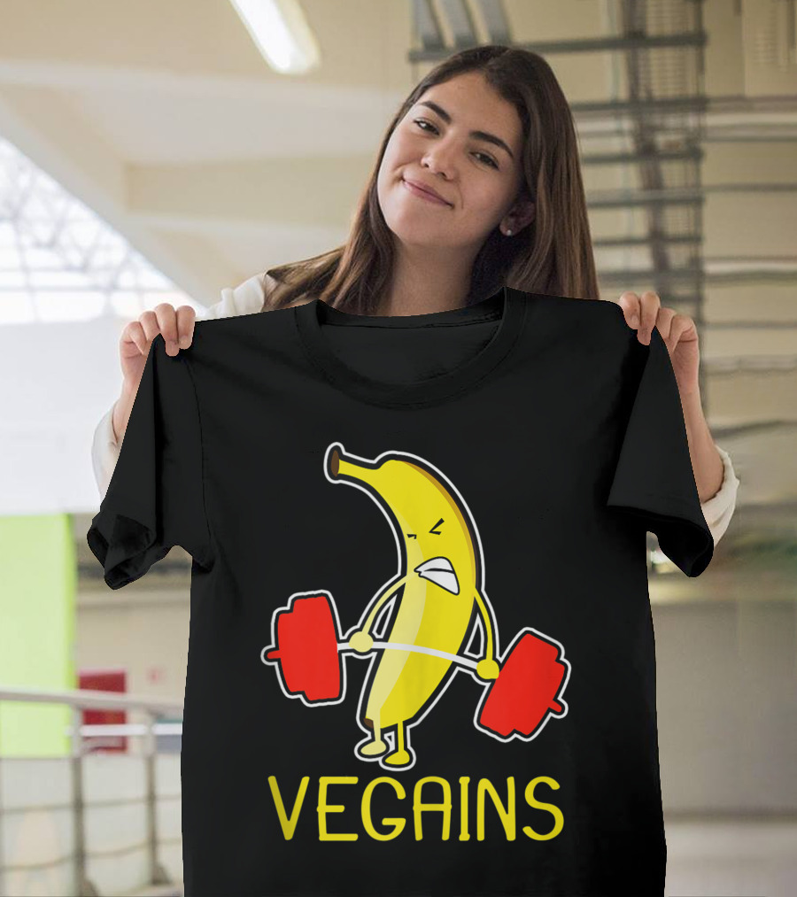 Vegains Banana Vegan Athlete Lifting Weights T-Shirt