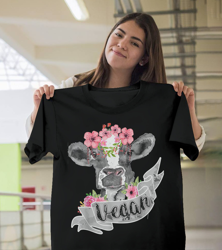 Vegan Cow with Pink Flower Headband and Banner T-Shirt