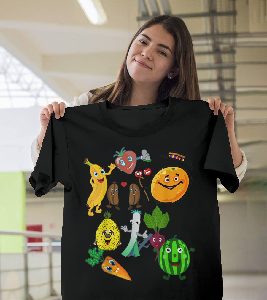 Fruits Vegetable Print Vegan Veggie Characters Banana Orange Pineapple Watermelon Carrot Beet Leek T-Shirt