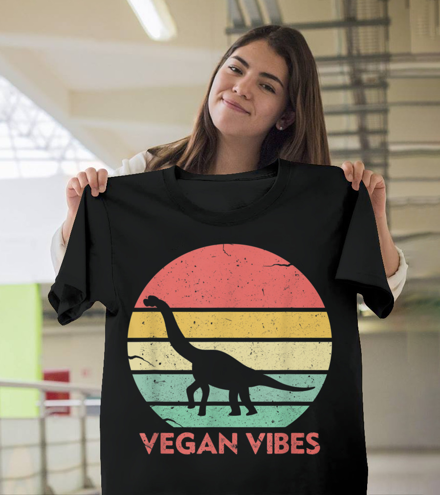 Vegan Vibes Dinosaur Vintage Sunset Stripes Vegetarian T-Shirt