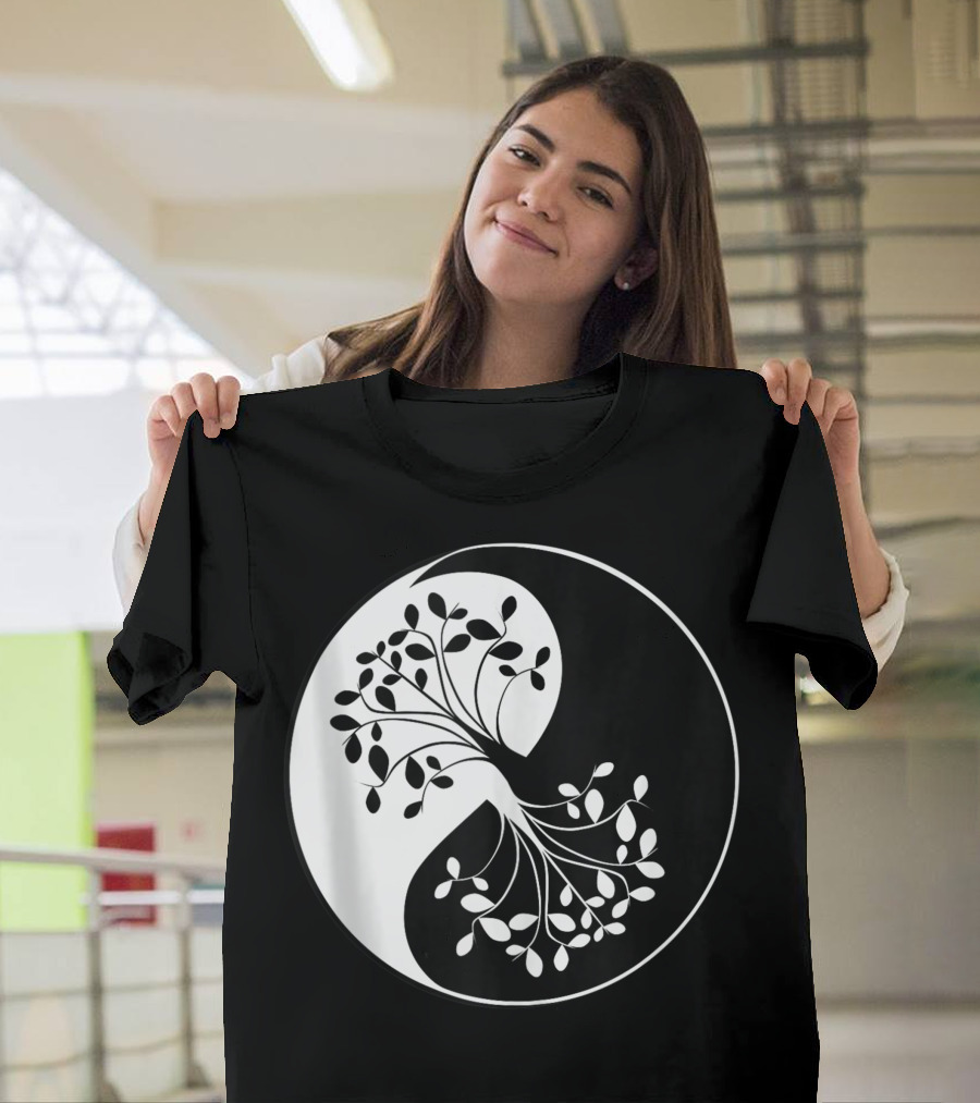 Yin Yang Tree of Life Black White Balance Yoga T-Shirt