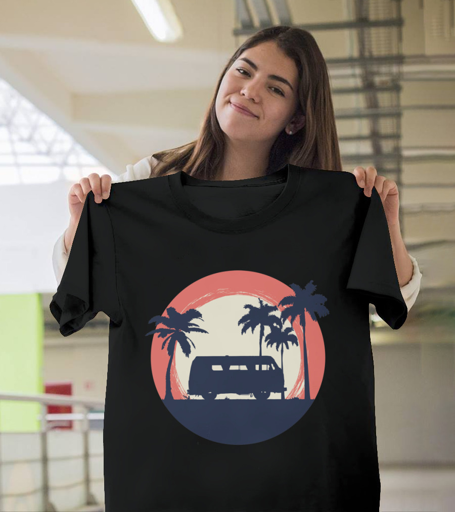 Vintage Beach Sunset Paradise with Palm Trees and Camper Van T-Shirt