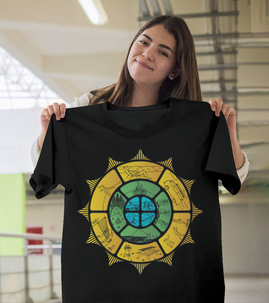 Summertime Sunburst with Beach Cycling Camping Swimming Adventure Scenes T-Shirt