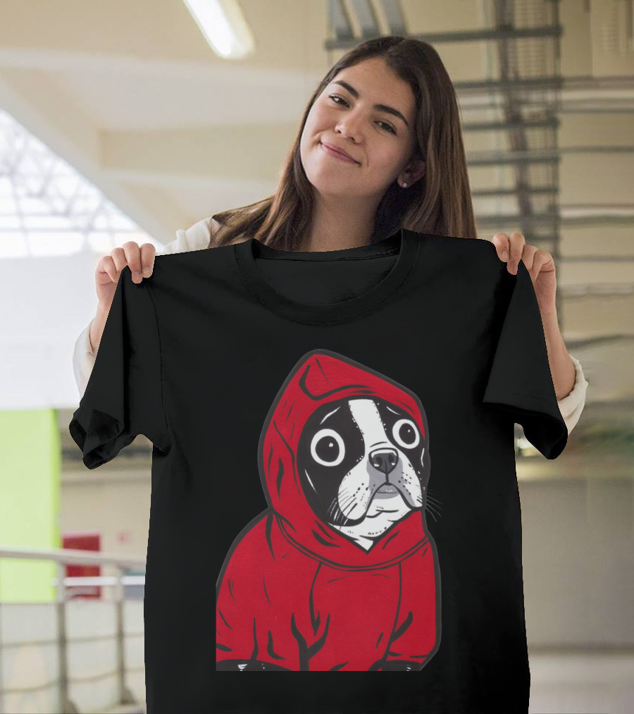 Boston Terrier in Red Hoodie with Wide-Eyed Expression T-Shirt