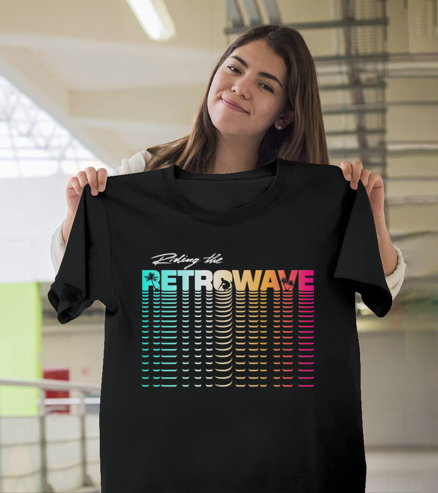 Riding the Retrowave with Vibrant Palm Trees and Sunset Gradient Elements T-Shirt