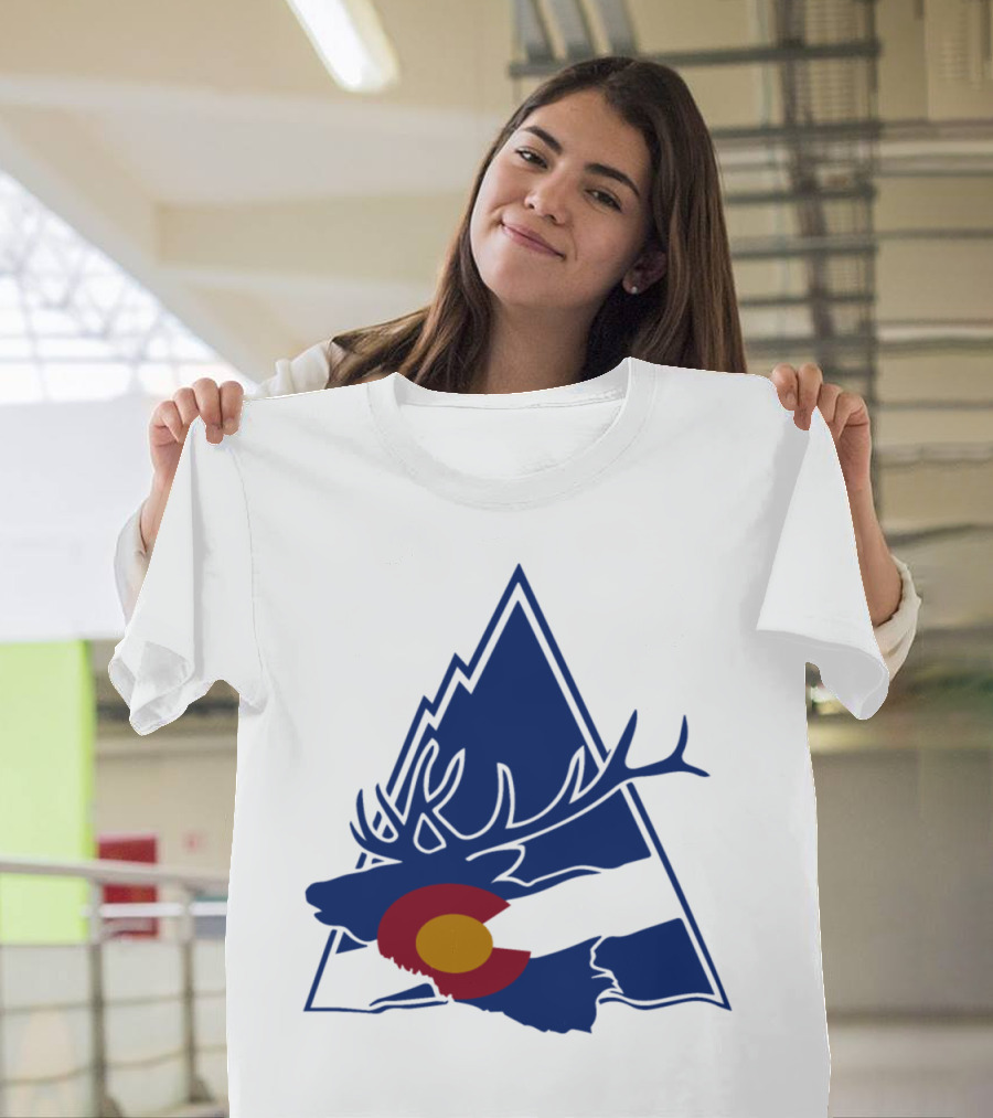 Colorado Elk with Mountain Silhouette and Colorado Flag Emblem T-Shirt