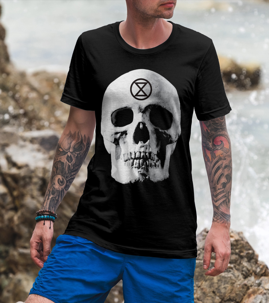 Extinction Rebellion Skull With Hourglass Symbol In Deadly Warning T-Shirt