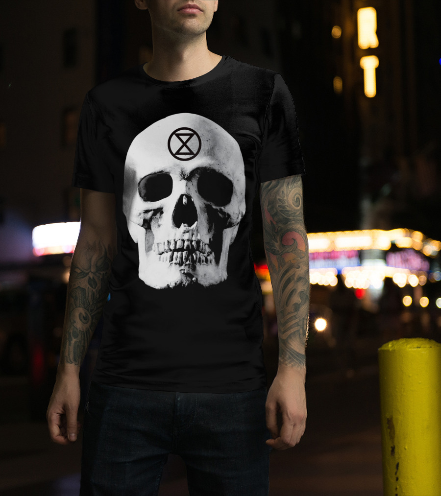 Extinction Rebellion Skull With Hourglass Symbol In Deadly Warning T-Shirt
