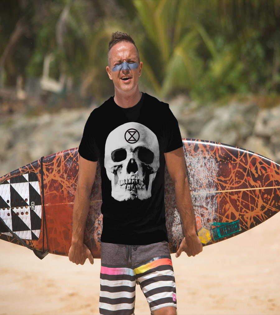 Extinction Rebellion Skull With Hourglass Symbol In Deadly Warning T-Shirt