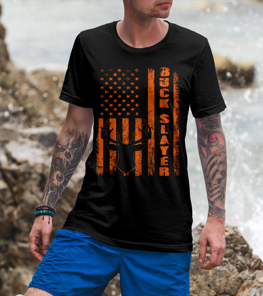 Hunting Blaze Orange Buck Slayer Patriotic Flag Deer T-Shirt