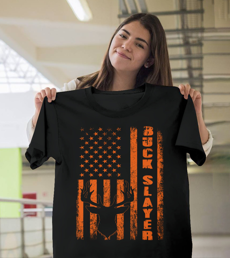 Hunting Blaze Orange Buck Slayer Patriotic Flag Deer T-Shirt