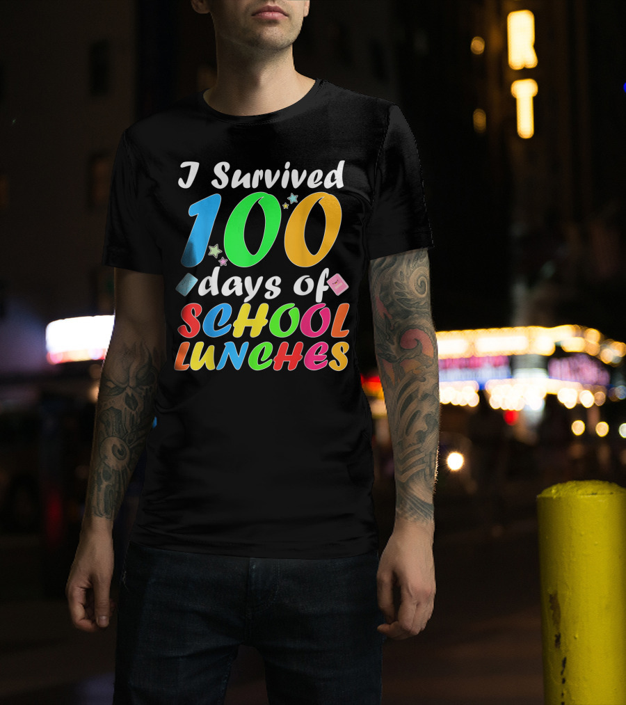 I Survived 100 Days Of School Lunches Colorful Stars And Playful Faces T-Shirt