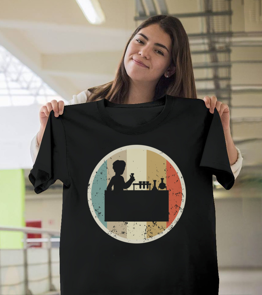 Silhouette of Laboratory Chemist Technician Science with Retro Stripes T-Shirt