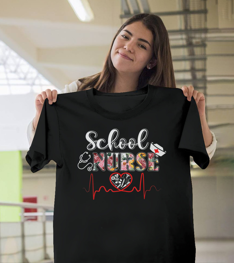 School Nurse Medical Nursing Heartbeat Stethoscope Hat Nurse T-Shirt