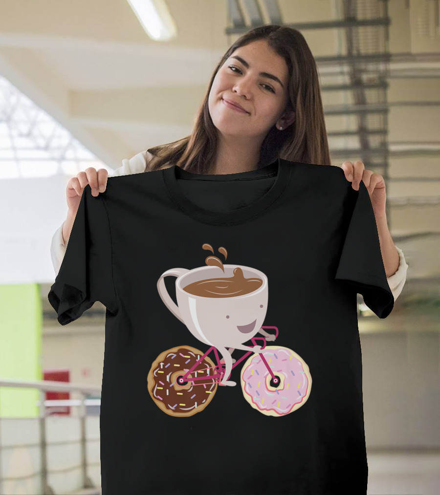 Coffee Cup Riding Bicycle With Donut Wheels Hand Drawn T-Shirt