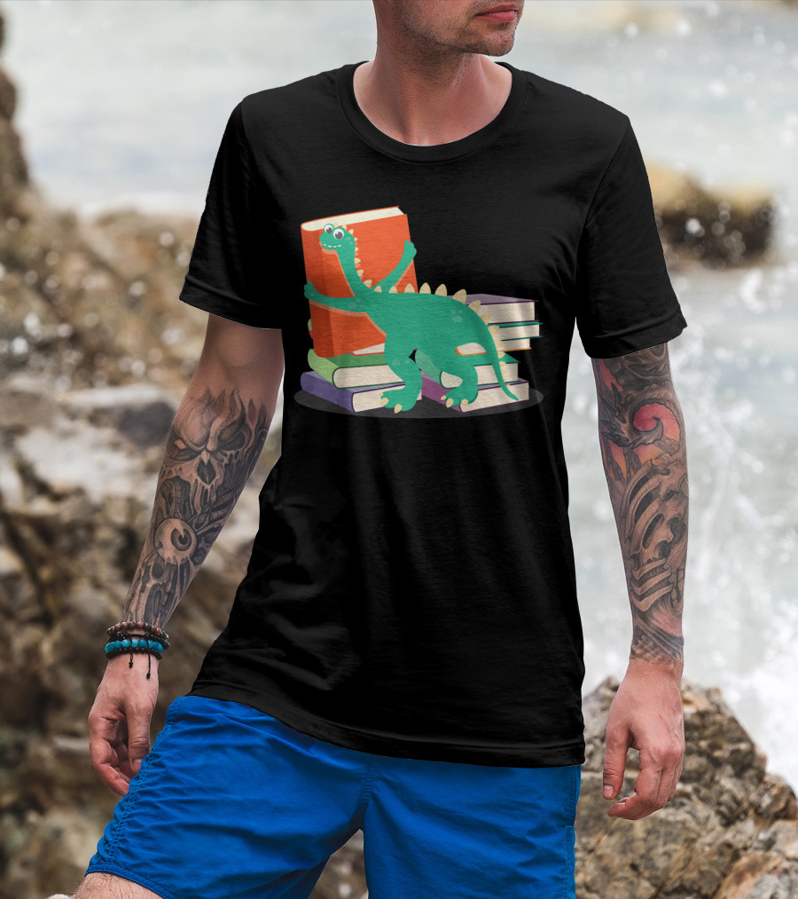 Cute Dinosaur Hugging Books For Bookish Literary Nerds T-Shirt