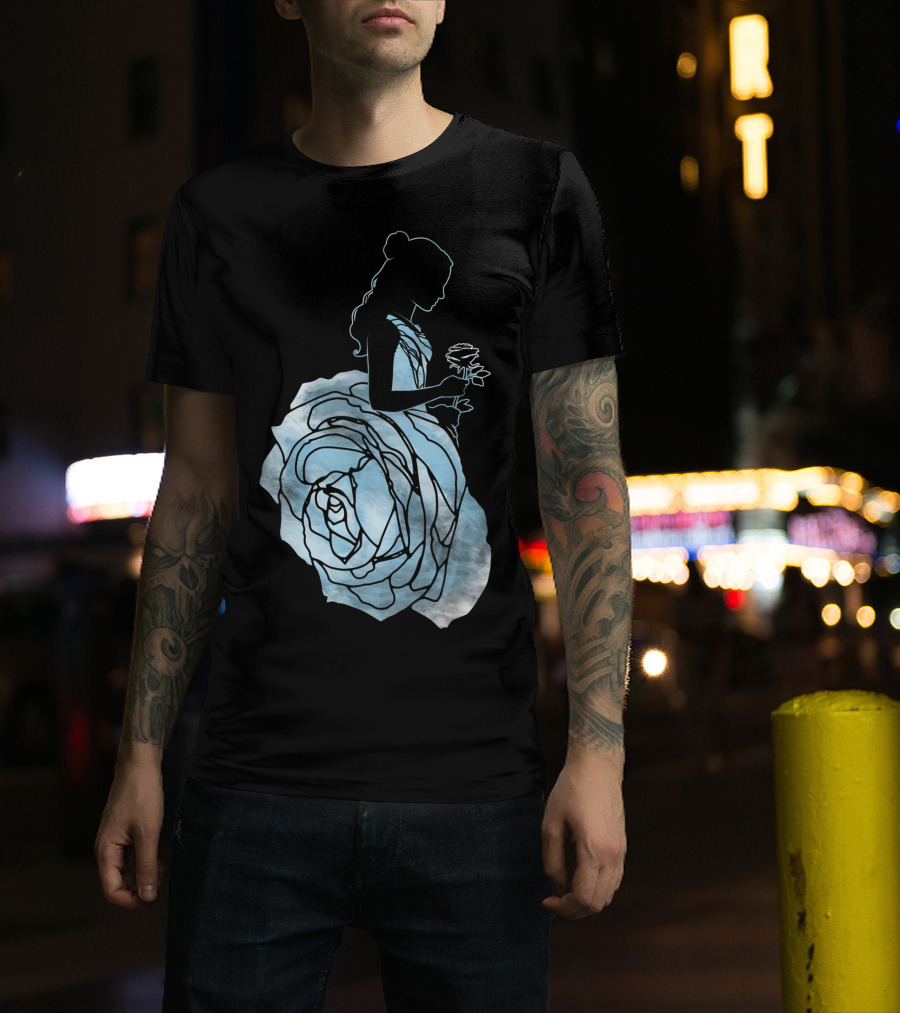 Disney Beauty And The Beast Belle Silhouette Blue Rose Dress T-Shirt