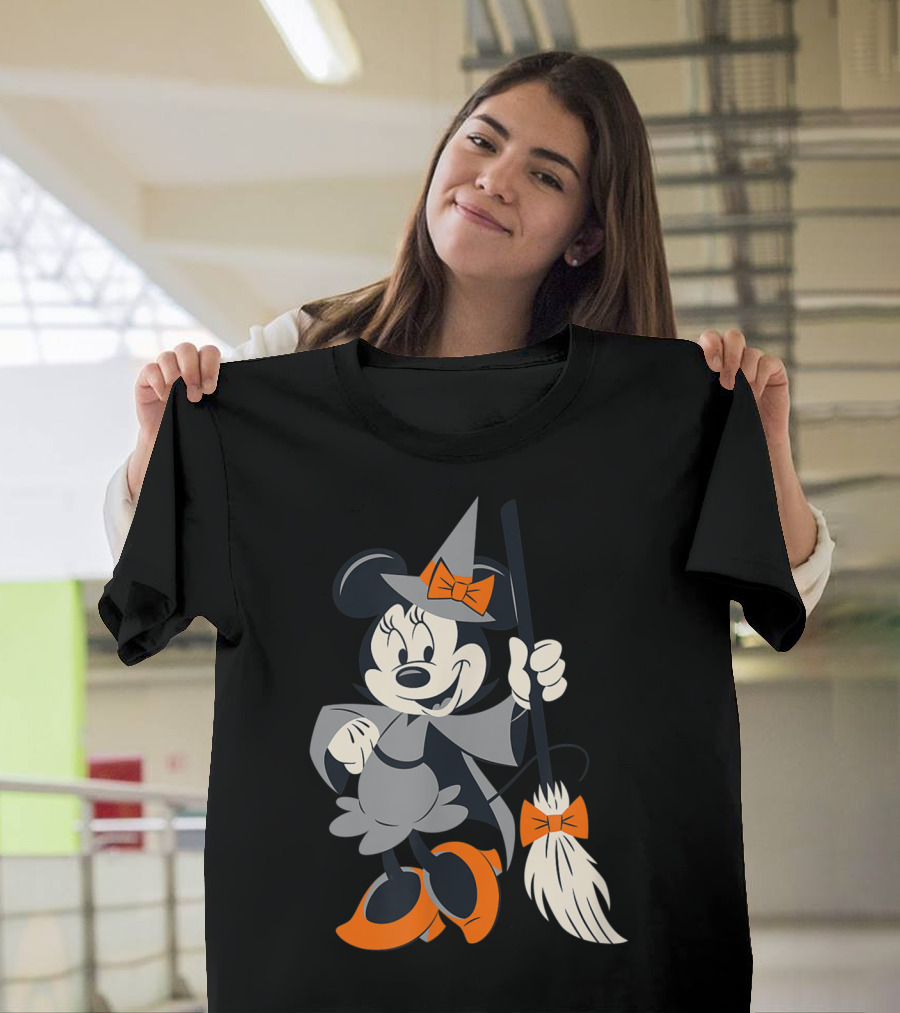 Disney Halloween Minnie Mouse Witch Costume Broomstick Orange Bows T-Shirt