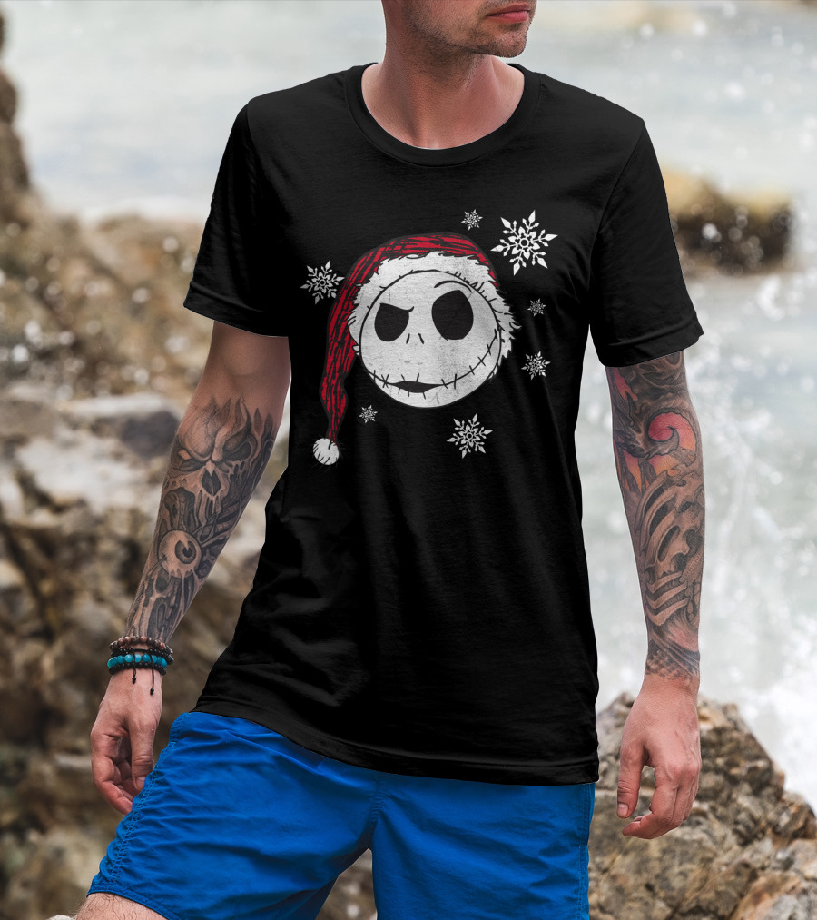 Disney Jack Skellington Santa Hat Snowflakes T-Shirt