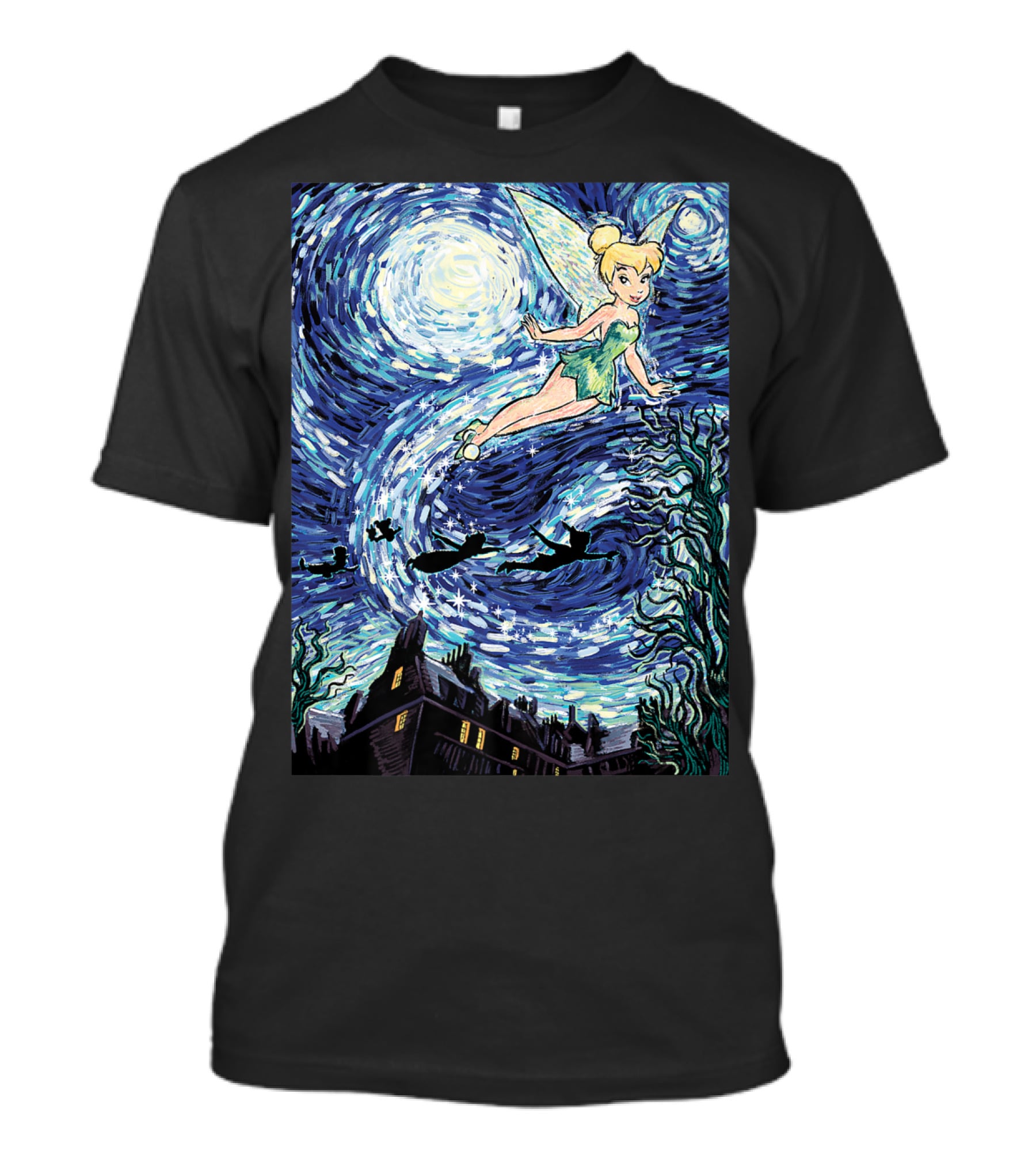 Disney Peter Pan Tinker Bell Starry Night Van Gogh Style Flight Scene T-Shirt