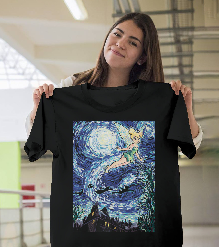 Disney Peter Pan Tinker Bell Starry Night Van Gogh Style Flight Scene T-Shirt