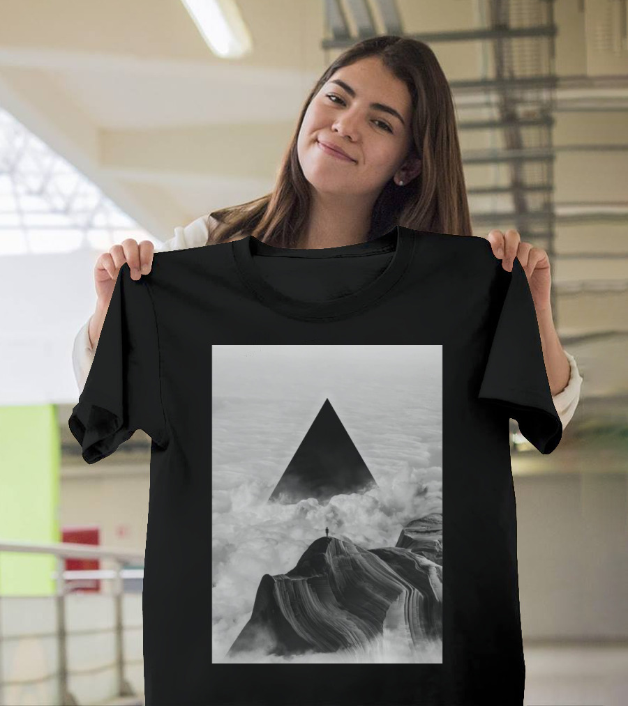 Solitary Figure on Mountain with Black Triangle Amidst Clouds - We Never Had It Anyway T-Shirt
