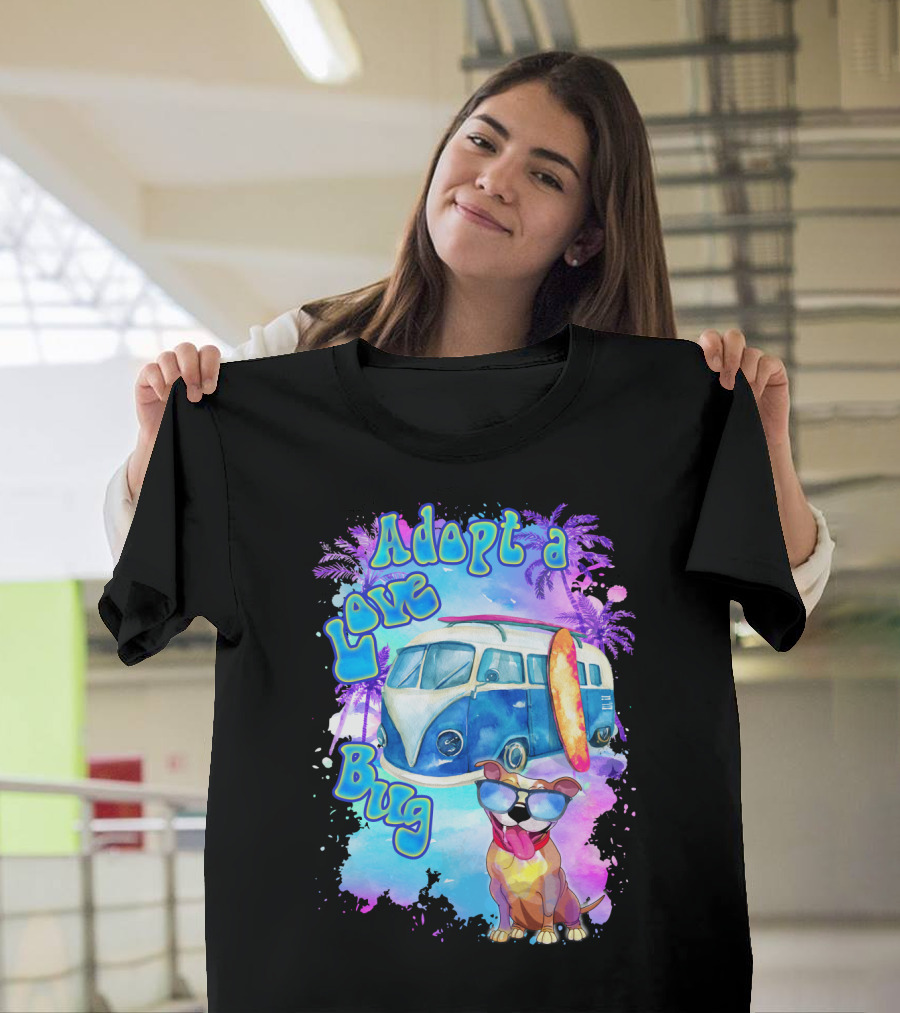 Adopt a Love Bug Pitbull with Surf Van and Palm Trees T-Shirt
