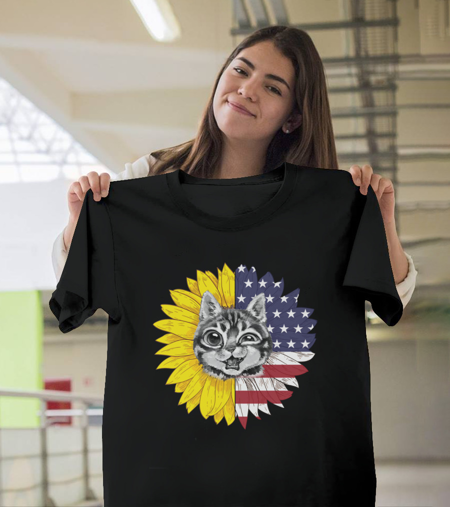 CAT LOVERS Sunflower American Flag Winking Cat T-Shirt