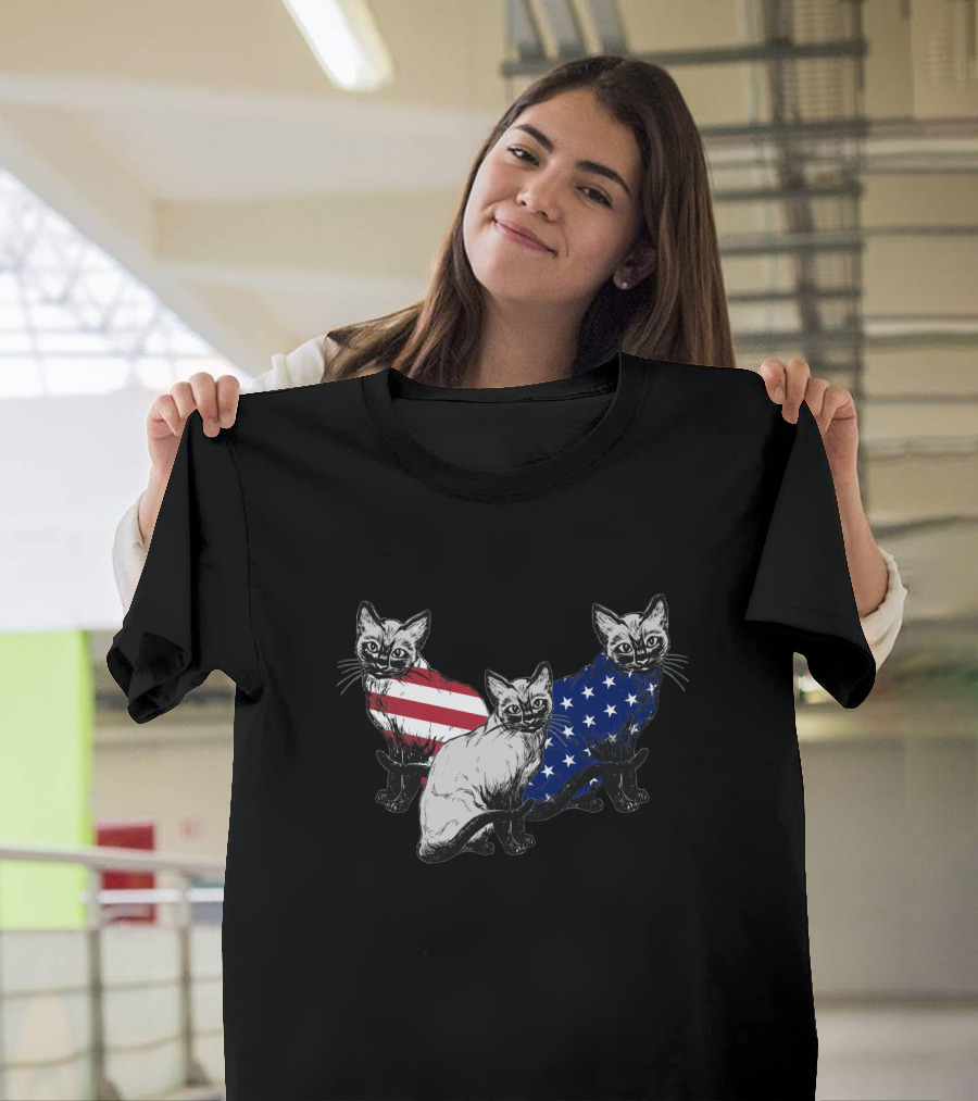 Siamese Cats American Flag July Independence Day T-Shirt