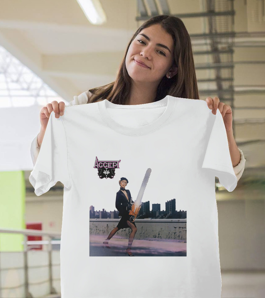 Accept Chainsaw Woman Cityscape Scene T-Shirt