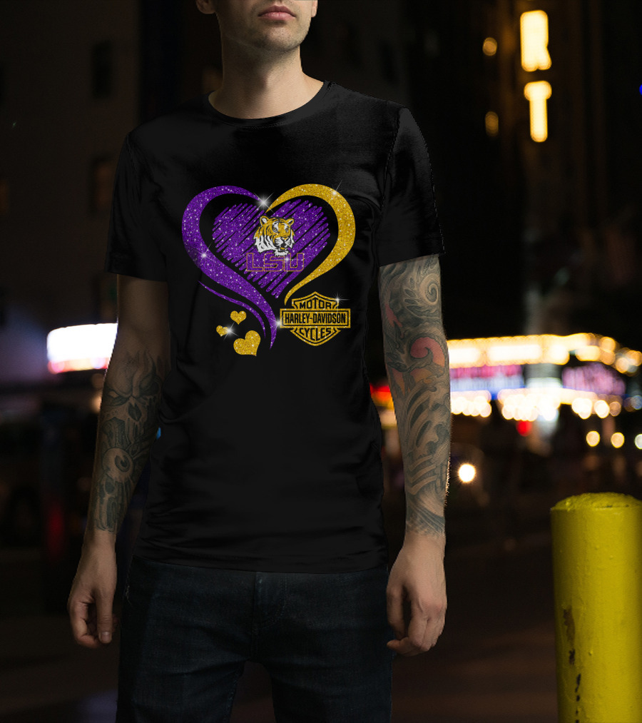 Hd Ncaa Lsu Tigers Heart Harley Davidson Motorcycle Cycles T-Shirt