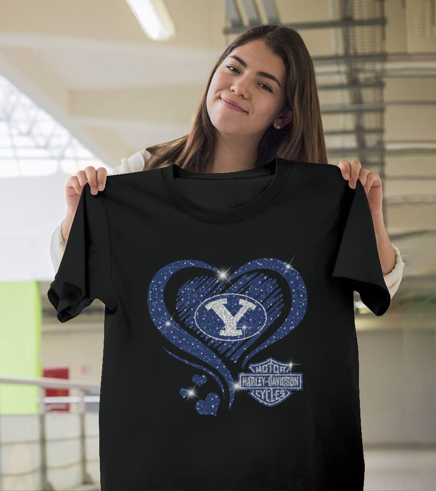 Byu Cougars Y Logo And Harley Davidson Motorcycles Blue Heart T-Shirt
