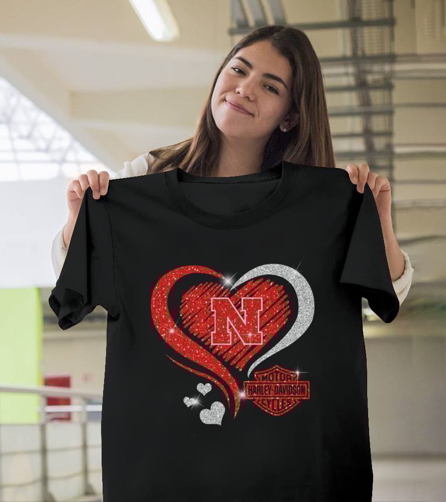 Nebraska Cornhuskers N Heart Harley Davidson Motor Cycles T-Shirt