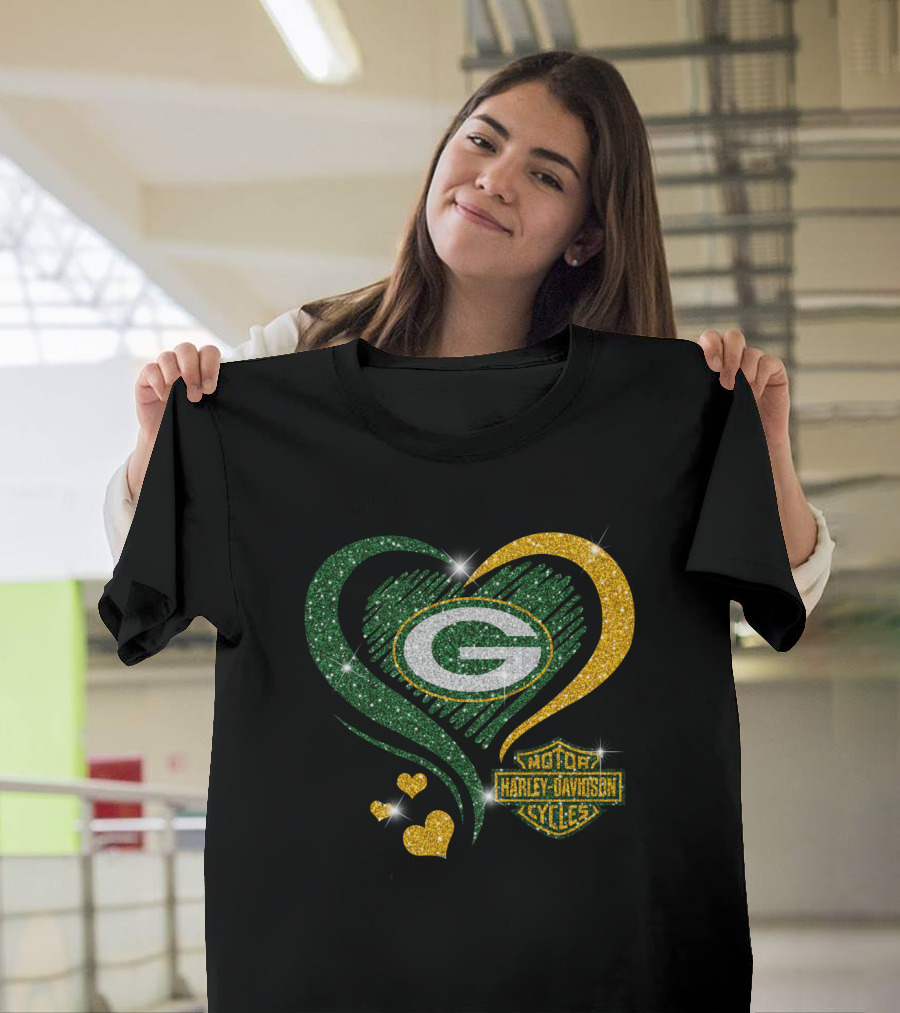 Green Bay Packers Harley Davidson Sparkling Heart T-Shirt