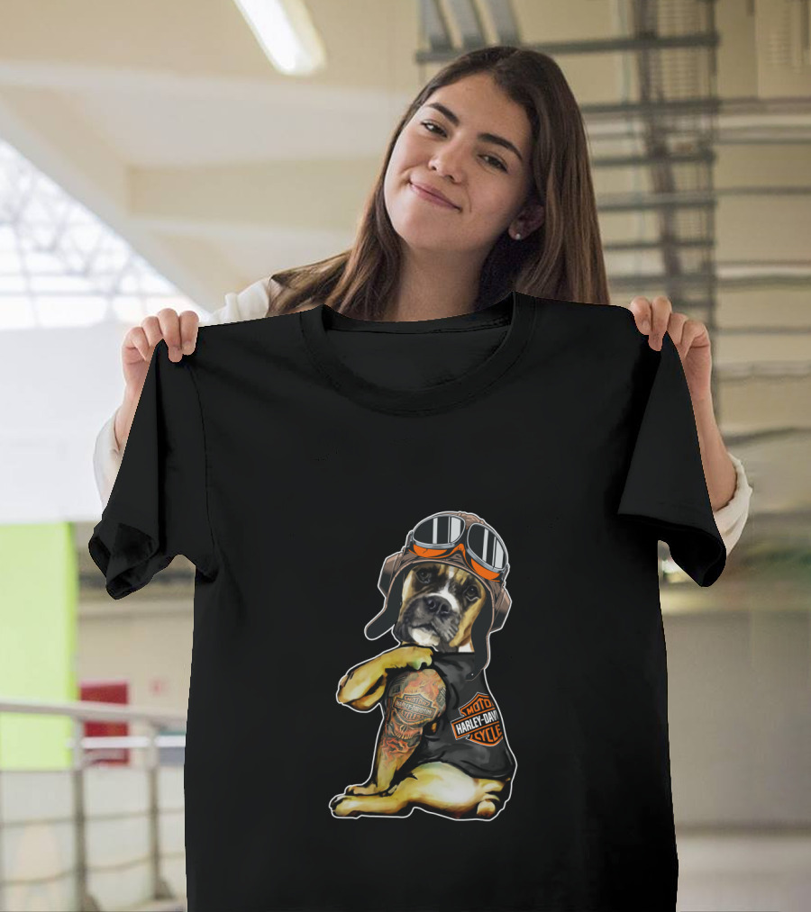 Harley Davidson Tattoo Boxer Dog With Goggles T-Shirt