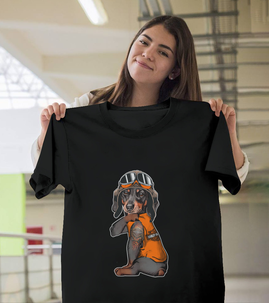 Hd Tatoo Dachshund In Harley Davidson Biker Gear T-Shirt