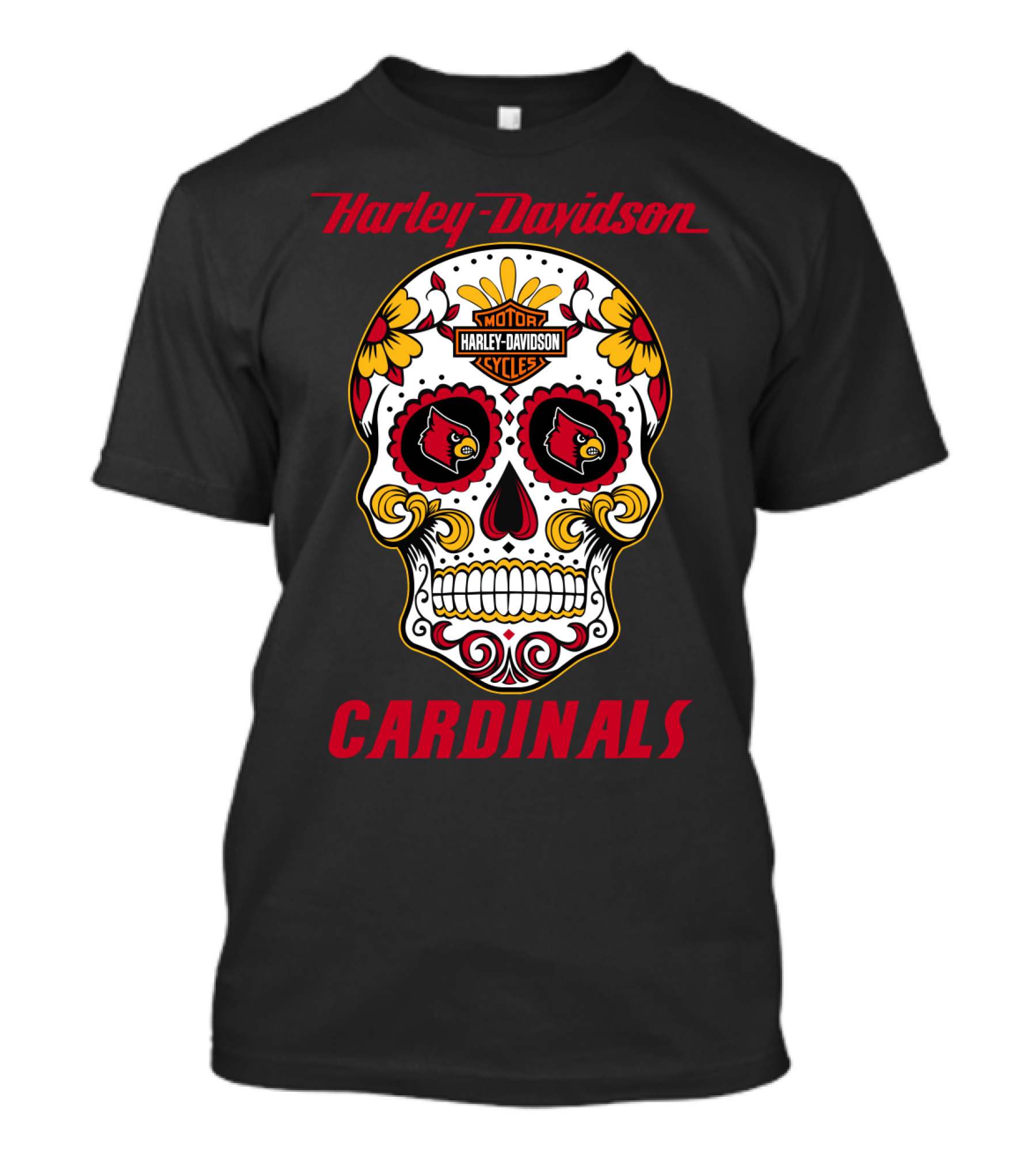 Harley Davidson Louisville Cardinals Dia De Los Muertos Skull T-Shirt