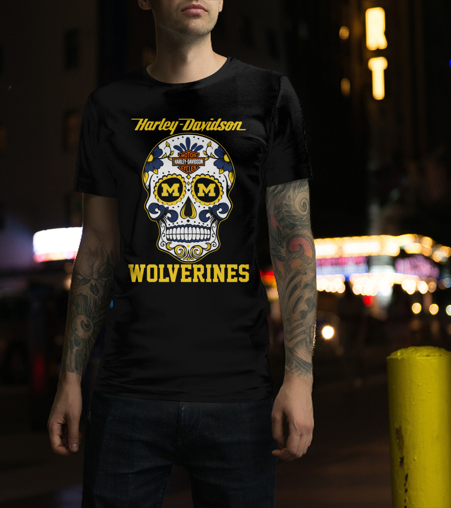 Harley Davidson Motor Cycles Michigan Wolverines Skull T-Shirt