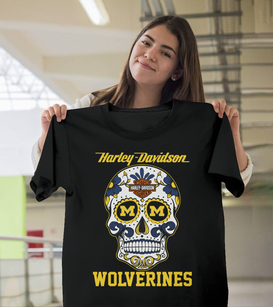 Harley Davidson Motor Cycles Michigan Wolverines Skull T-Shirt
