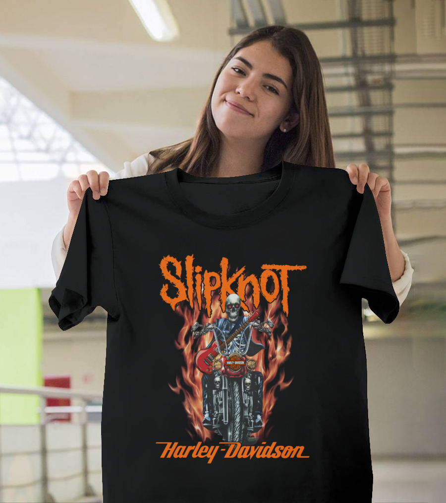 Slipknot Harley Davidson Flaming Skeleton Motorcycle Rider T-Shirt