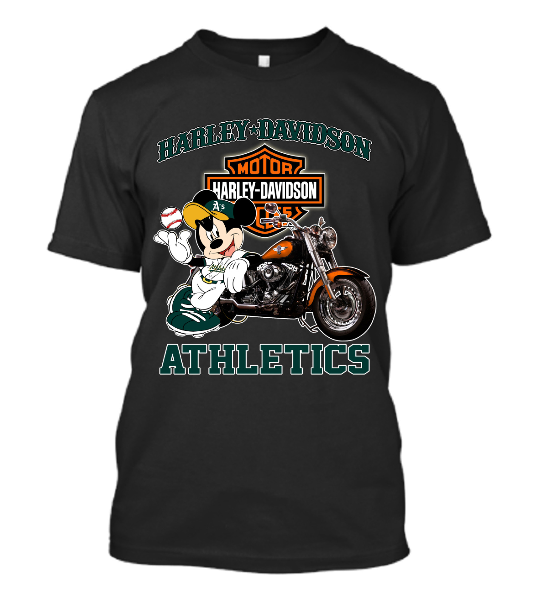 Harley Davidson Oakland Athletics With Mickey Mouse Baseball Motorcycle T-Shirt