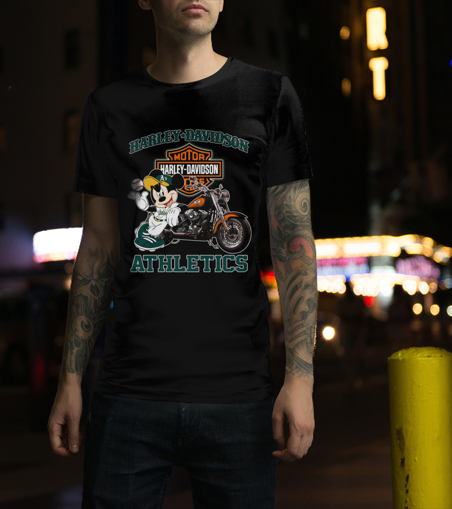 Harley Davidson Oakland Athletics With Mickey Mouse Baseball Motorcycle T-Shirt