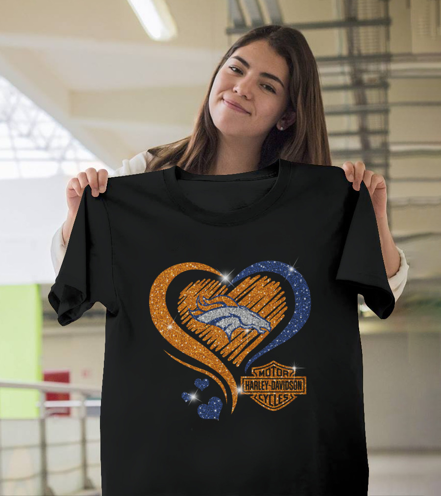 Denver Broncos Harley Davidson Sparkle Heart Nfl T-Shirt