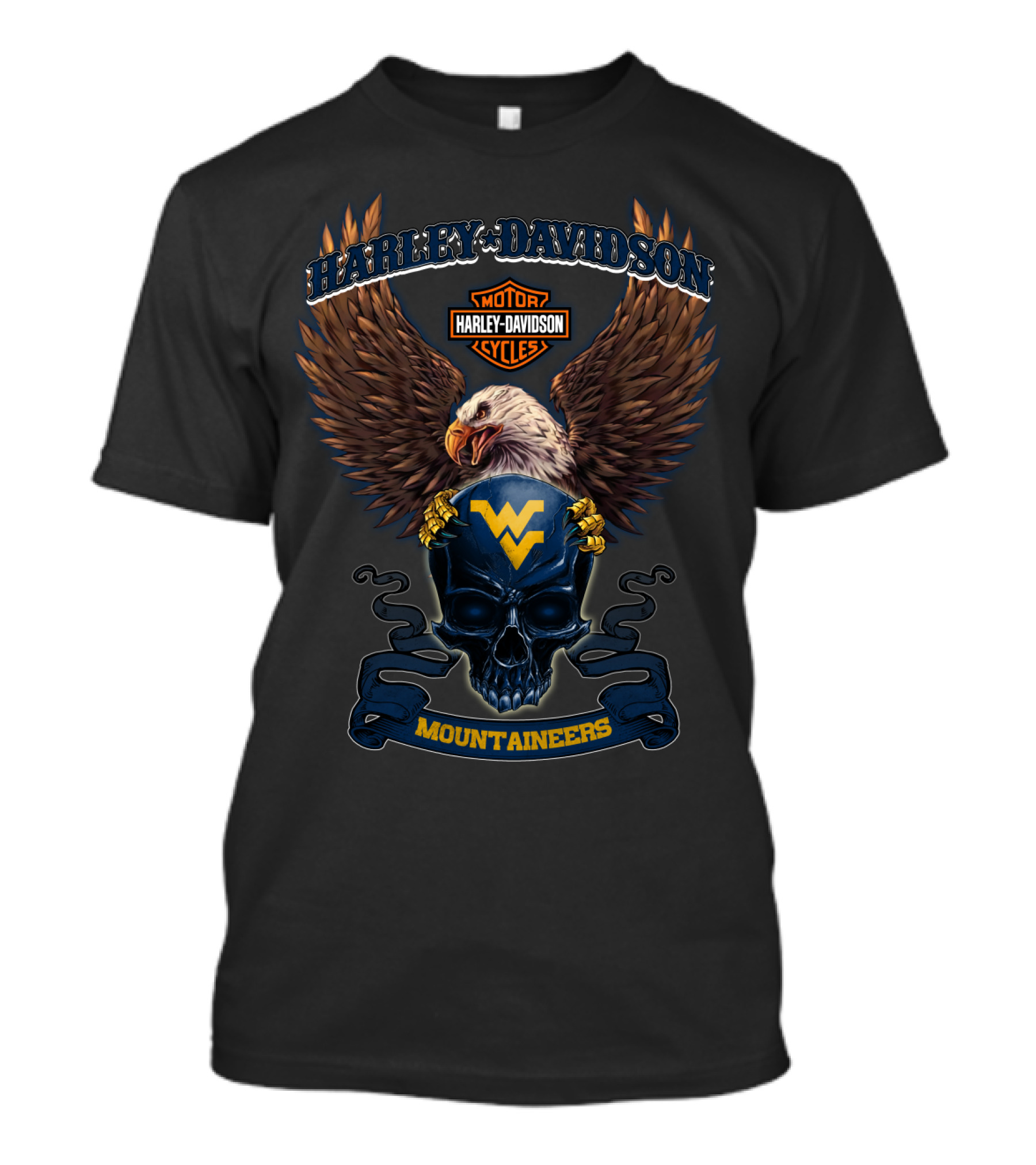 Harley Davidson Motor Cycles West Virginia Mountaineers Eagle Skull T-Shirt