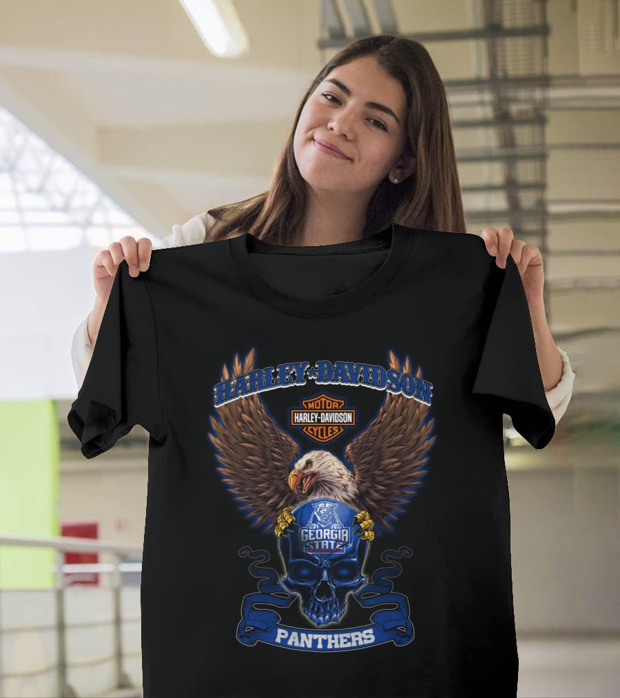 Harley Davidson Motor Cycles Georgia State Panthers Eagle And Skull T-Shirt
