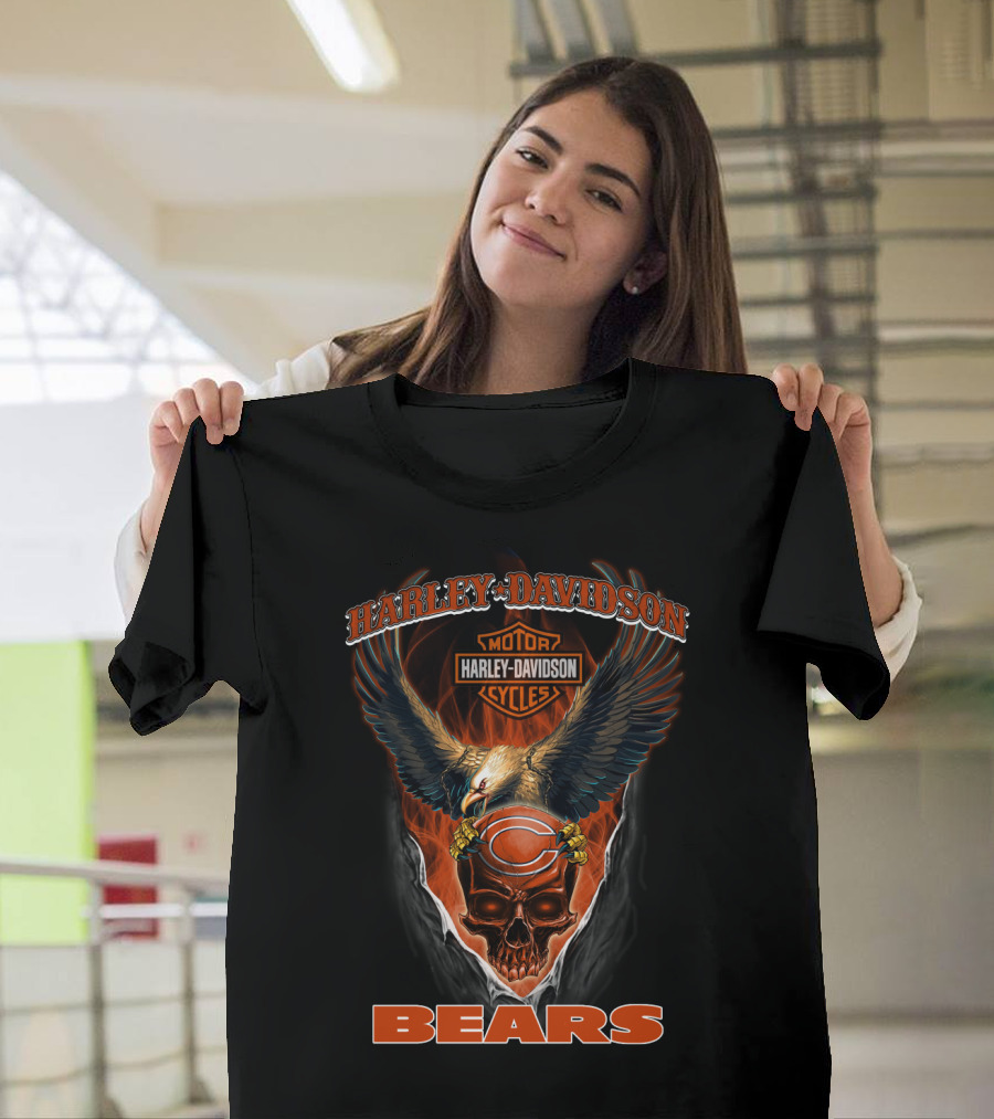 Harley Davidson Chicago Bears Skull Eagle Motor Cycles T-Shirt