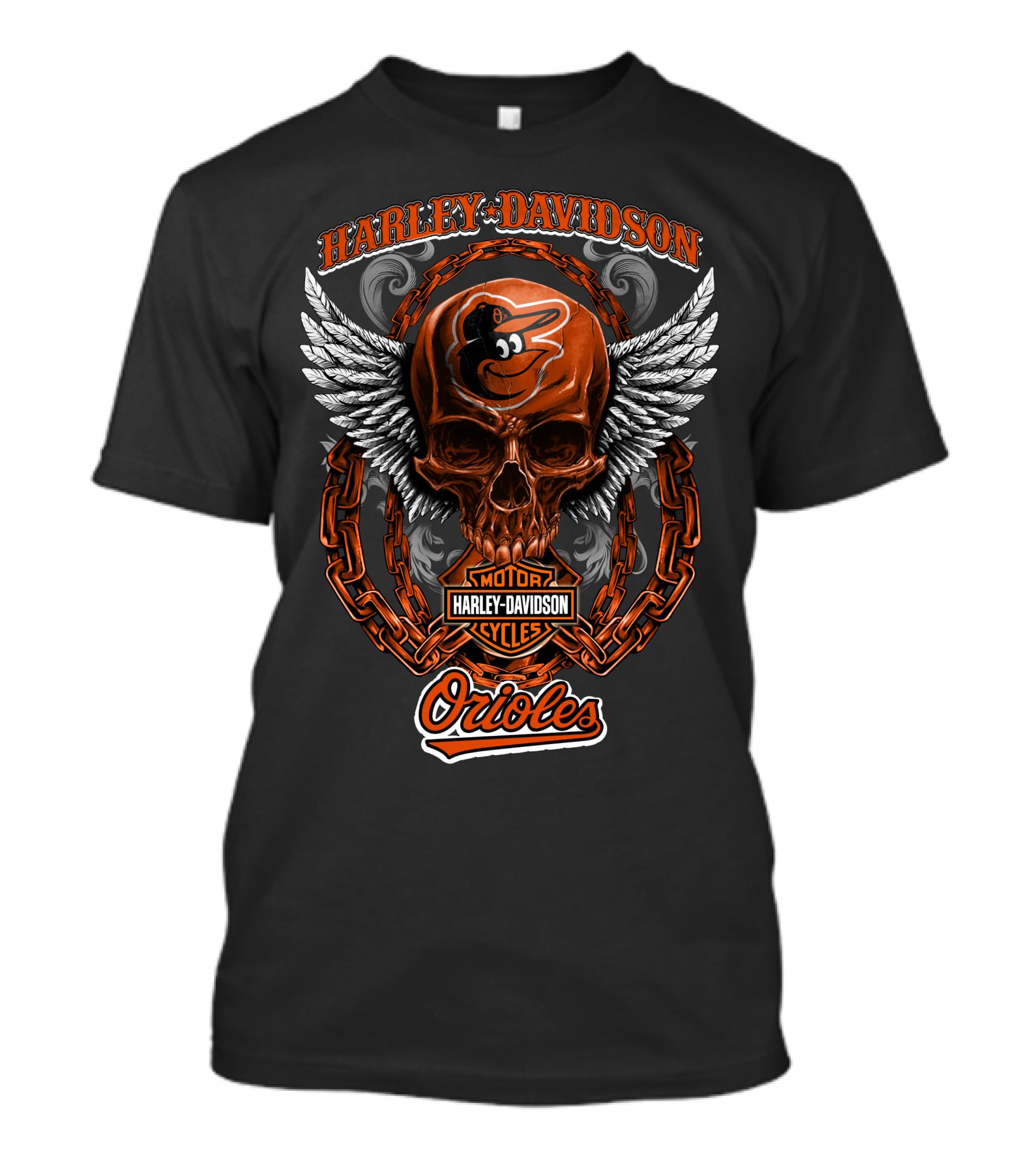 Harley Davidson Wings Skull With Baltimore Orioles Logo And Chain Elements T-Shirt