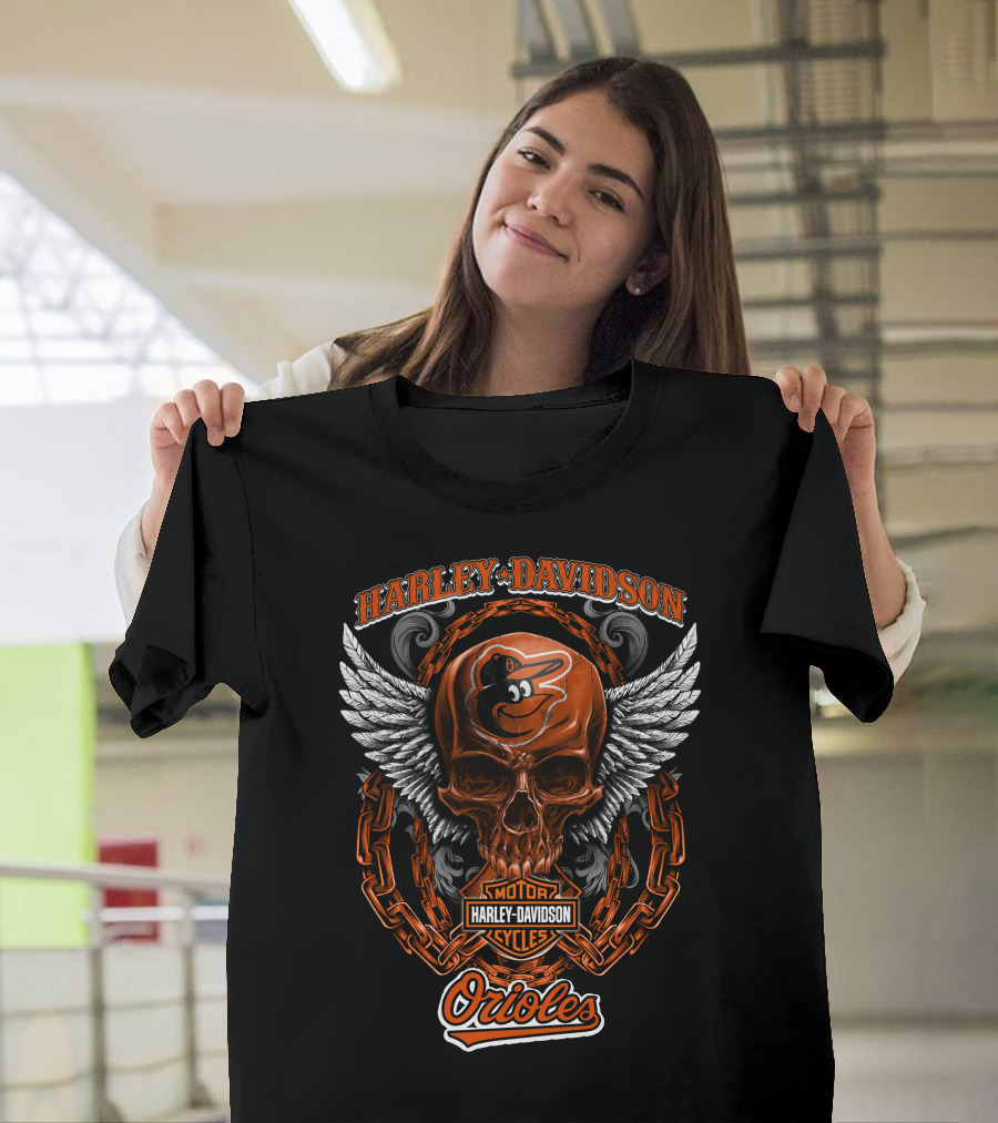 Harley Davidson Wings Skull With Baltimore Orioles Logo And Chain Elements T-Shirt