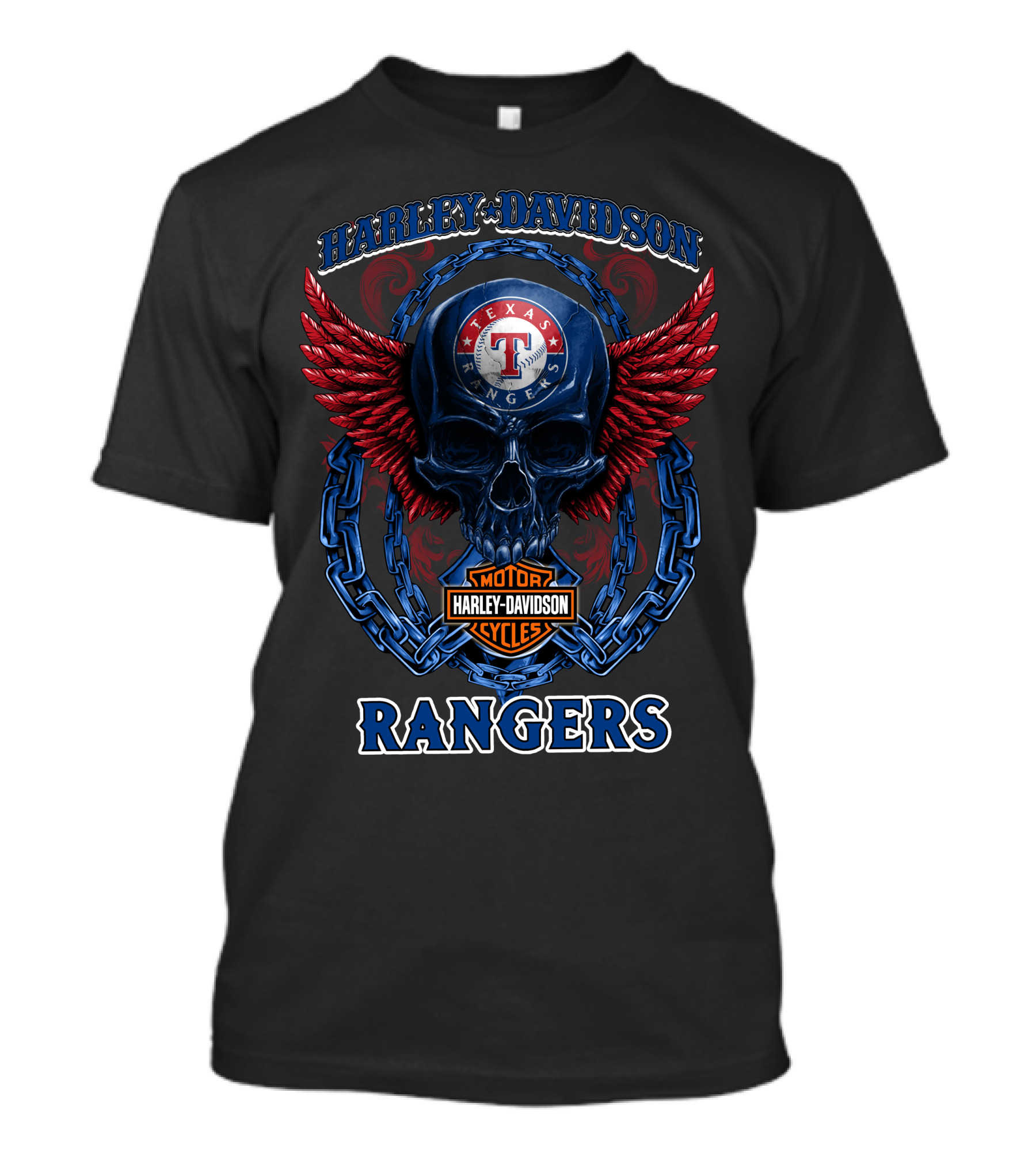 Harley Davidson Texas Rangers Skull Wings Chains T-Shirt