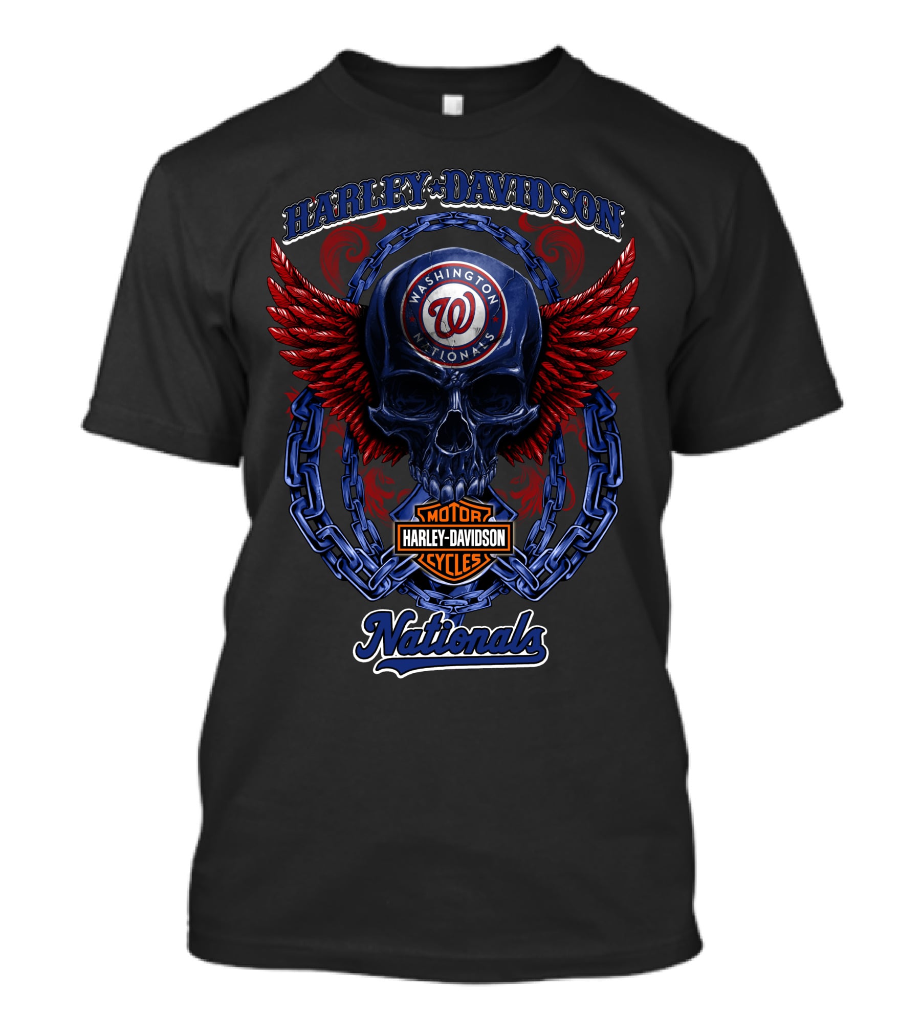 Harley Davidson Washington Nationals Motor Cycles Skull Wings T-Shirt